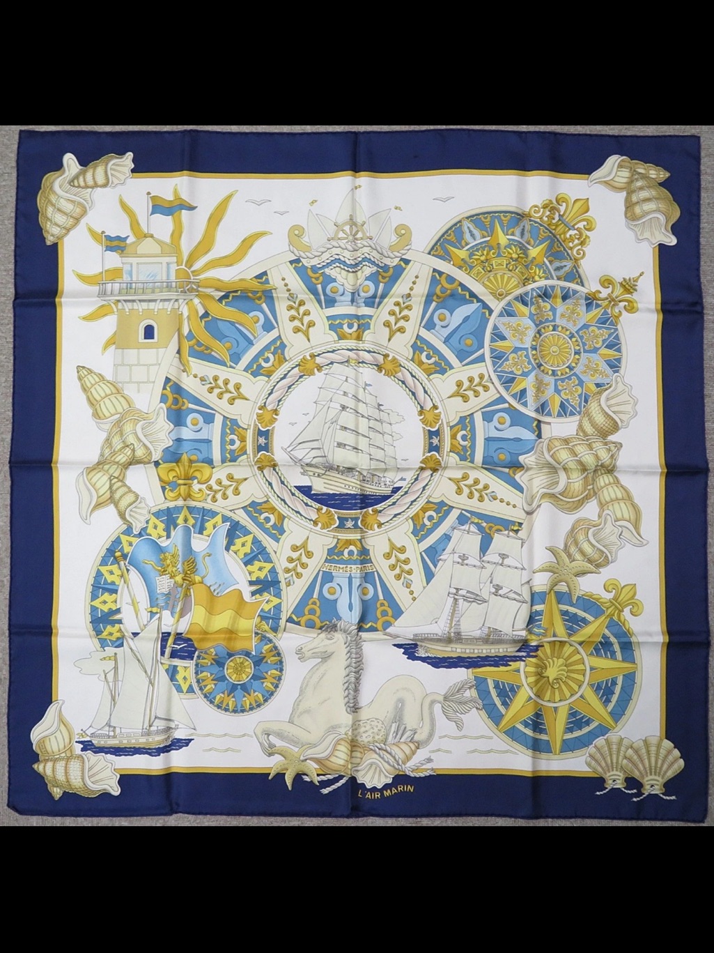 Hermes Blue White Gold Nautical Silk Scarf